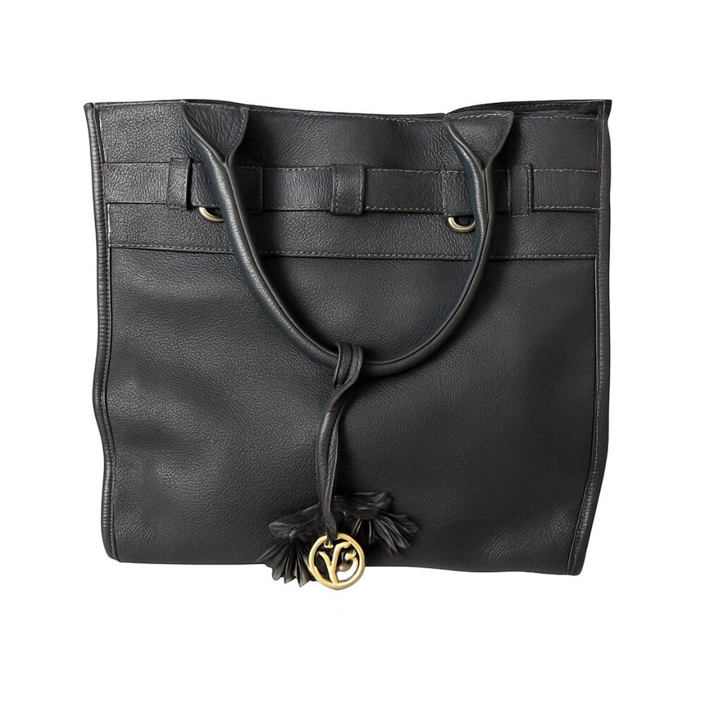 Johnston & Murphy Black Leather Tote Bag Purse Gold Logo Charm | Large Interior